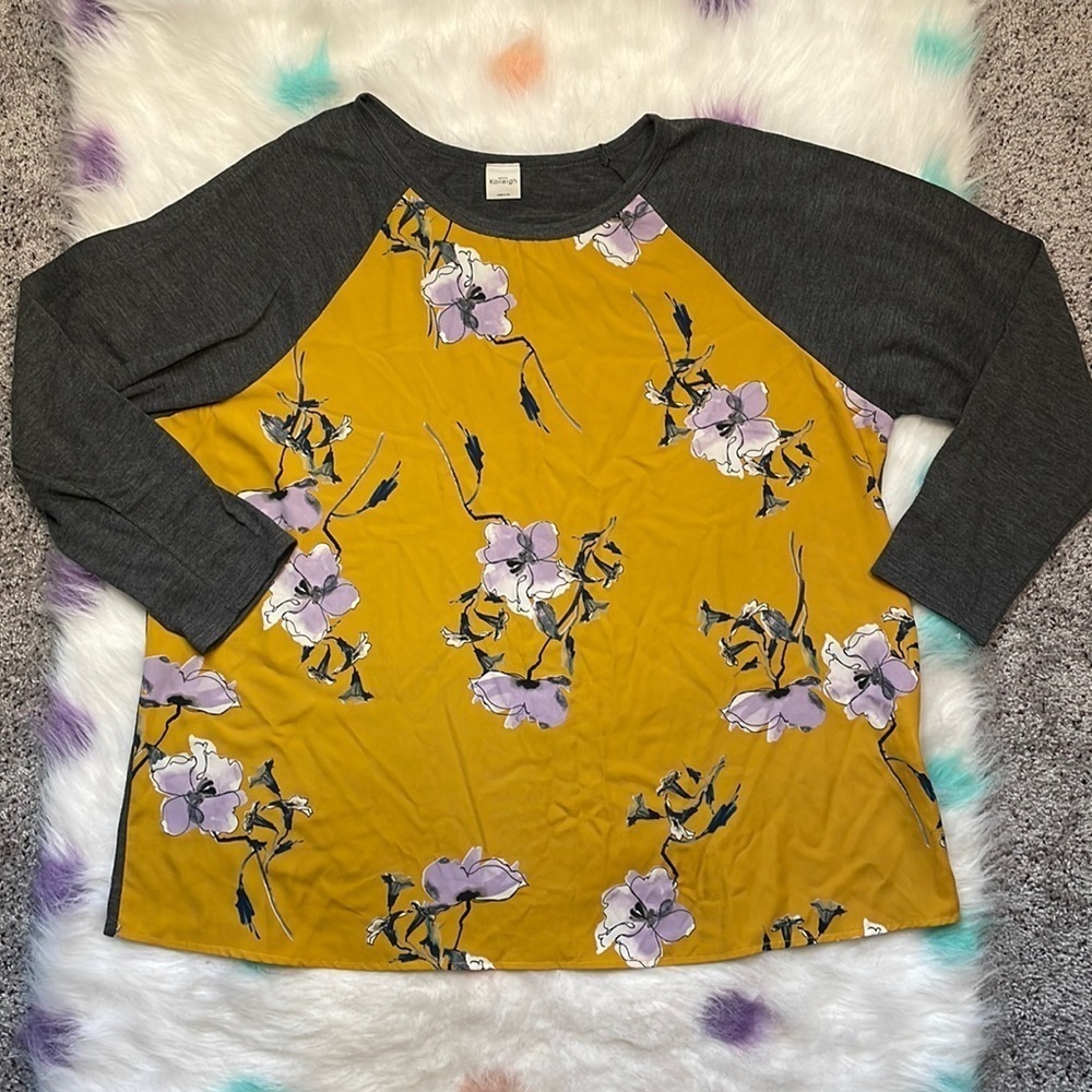 Kaileigh Womens 3X Yellow Grey Floral Print Pullover Crewneck‎ Top Blouse Shirt